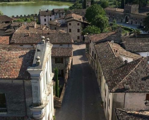 Aerial view of Castellaro Lagusello, a picturesque medieval village to visit near Lake Garda.