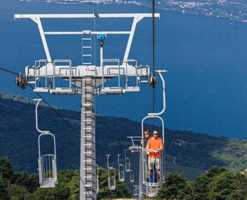 Aerial view of Lake Garda and the cable car from Prada to Costabella.